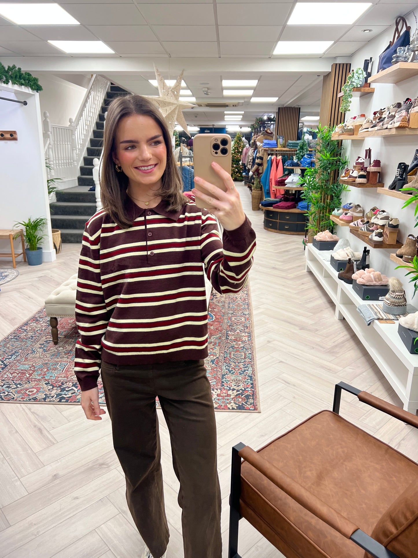 Niamh Knit Rugby Polo - Light Maroon Stripe