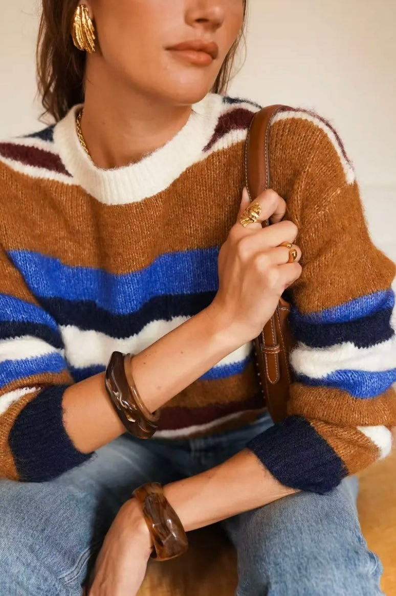 Sara Retro Fluffy Jumper - Camel/Blue