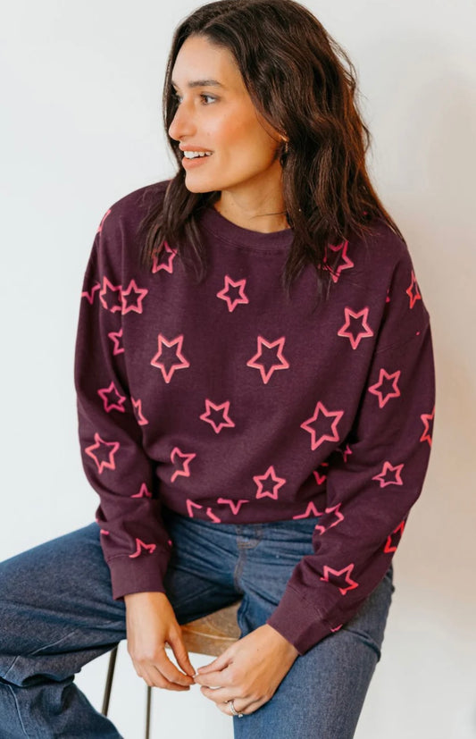 Eadie Relaxed Sweatshirt - Burgundy, Spaced Out Stars