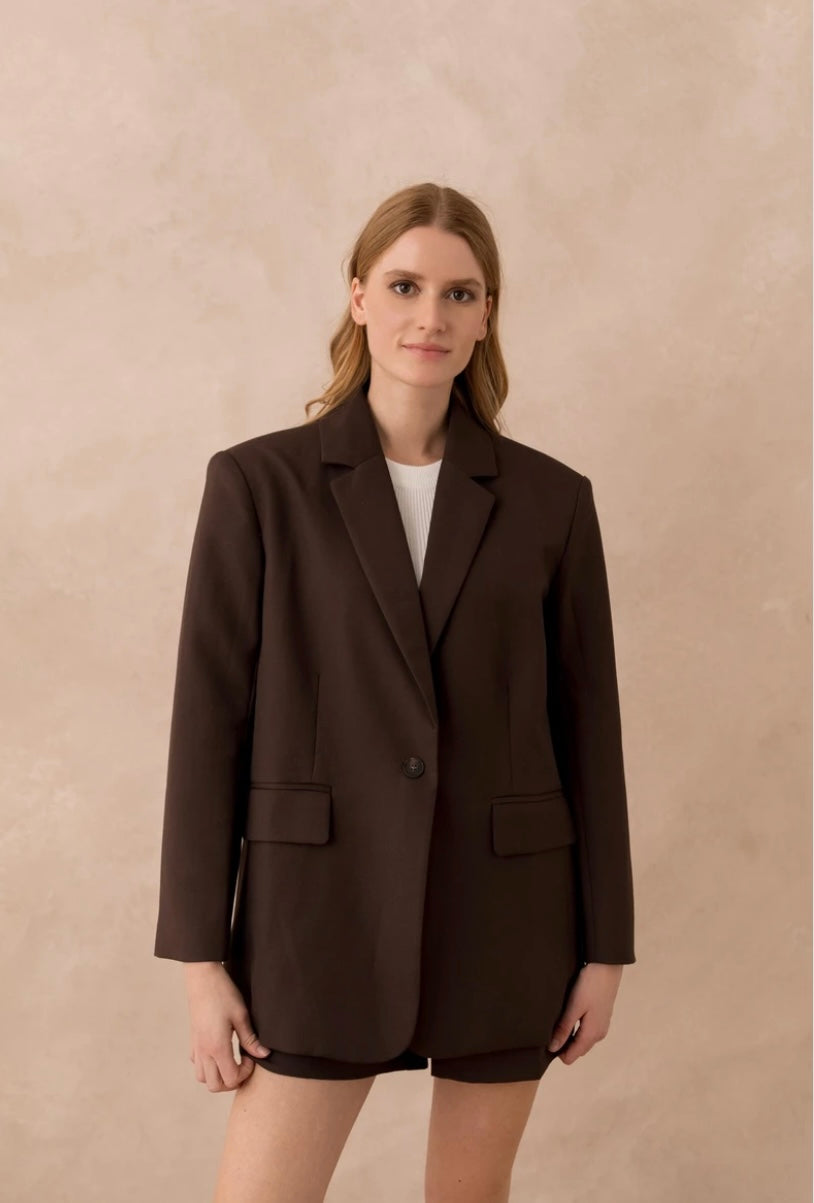 Annie Straight-Cut Structured Blazer - Chocolate Brown