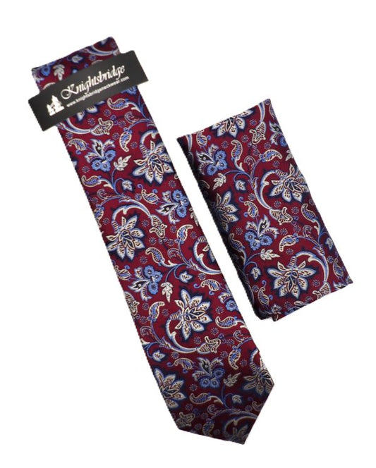 Burgundy Floral Silk Tie & Pocket Square