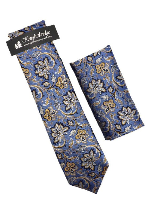 Blue/Gold Floral Tie & Pocket Square
