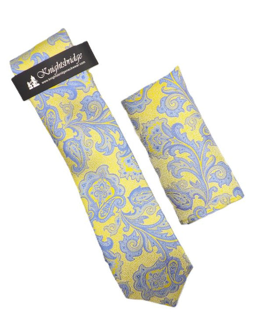 Yellow/Bue Paisley Silk Tie & Pocket Square