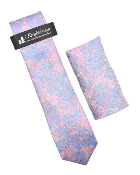Pink/Blue Paisley Silk Tie & Pocket Square