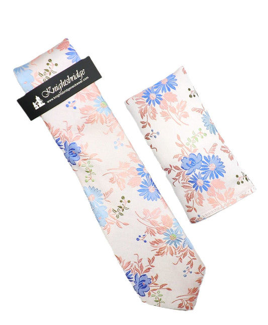 Pink/Blue Floral Silk Tie & Pocket Square