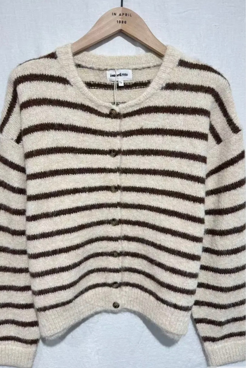 Amelia Wool Blend Cardigan - Cream/Chocolate Stripe