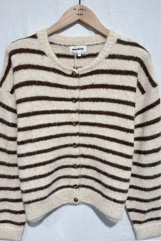 Amelia Wool Blend Cardigan - Cream/Chocolate Stripe