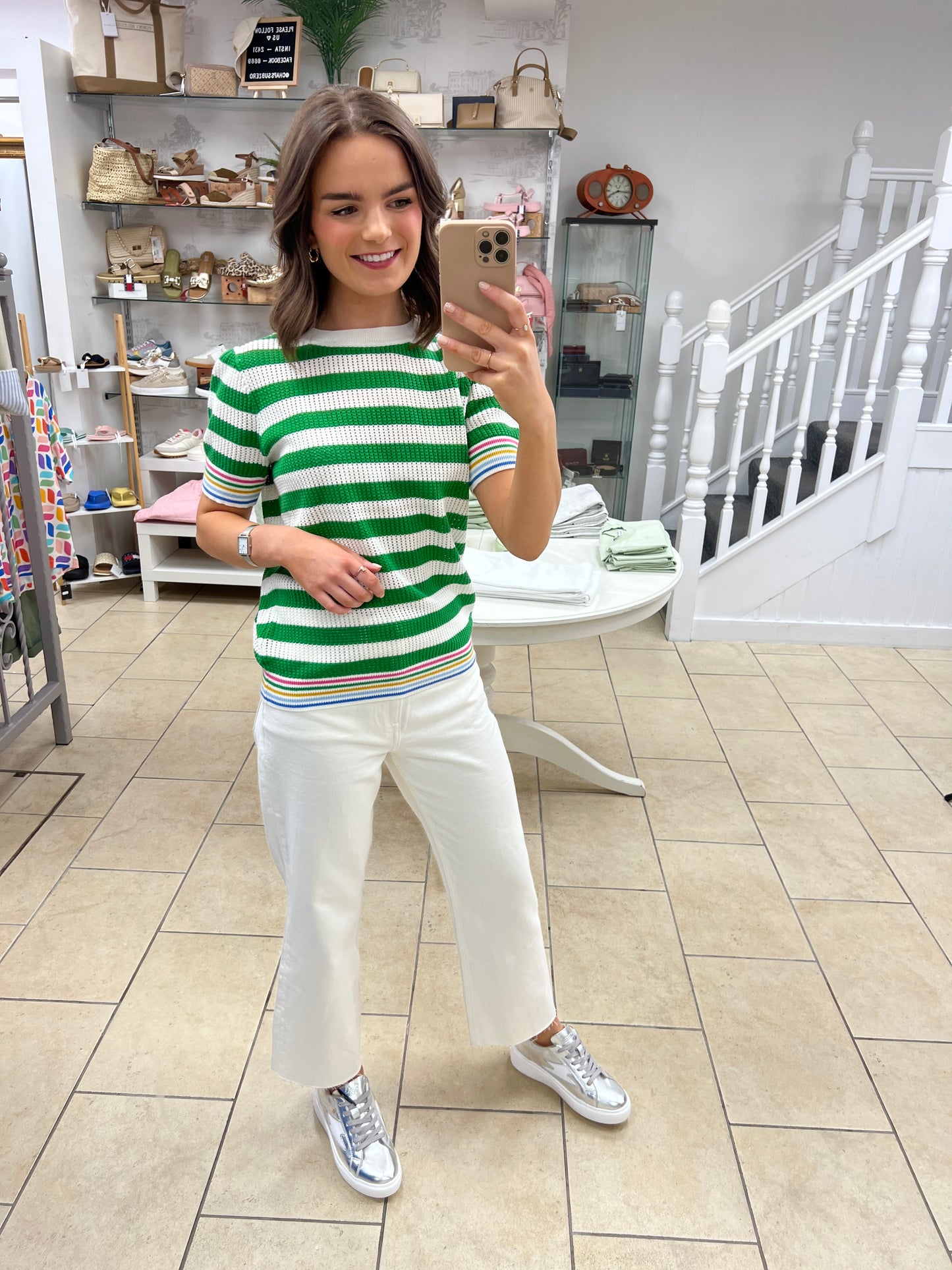 Arden Knit Top - Green/Off-White, Rainbow Tipping
