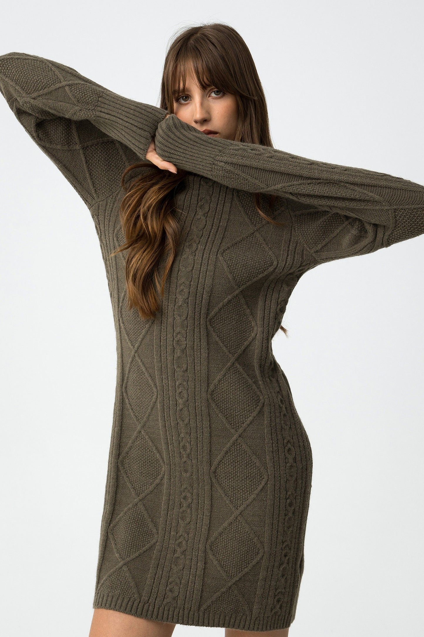 'Marijin' Slim Cable Knit Dress - Patina Green