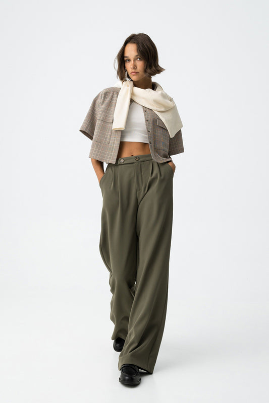 'Hank' Tailored Pleat Wide Leg Trouser - Patina Green
