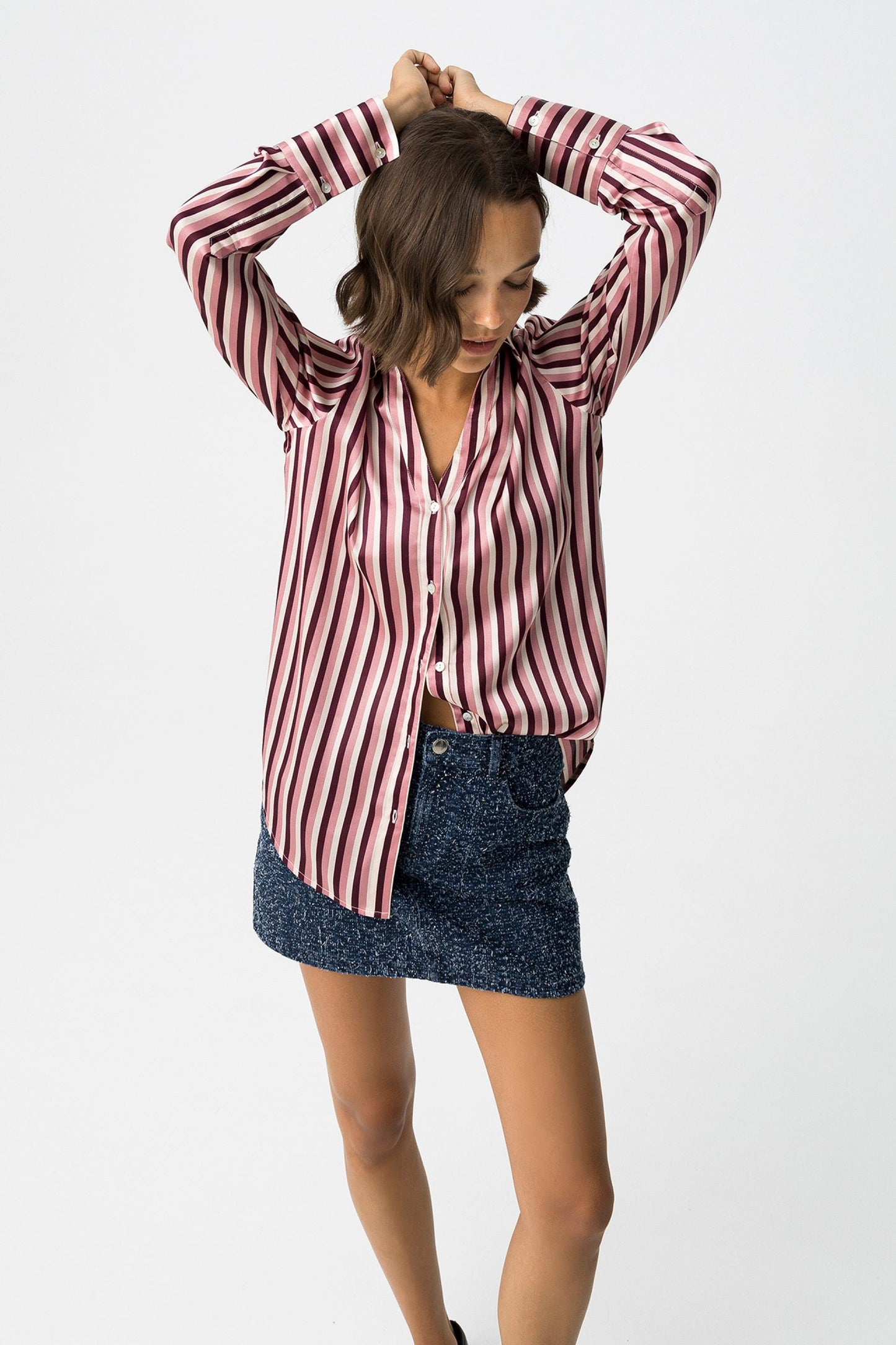 'Capricho' Pinstripe Satin Shirt - Burgundy Stripe