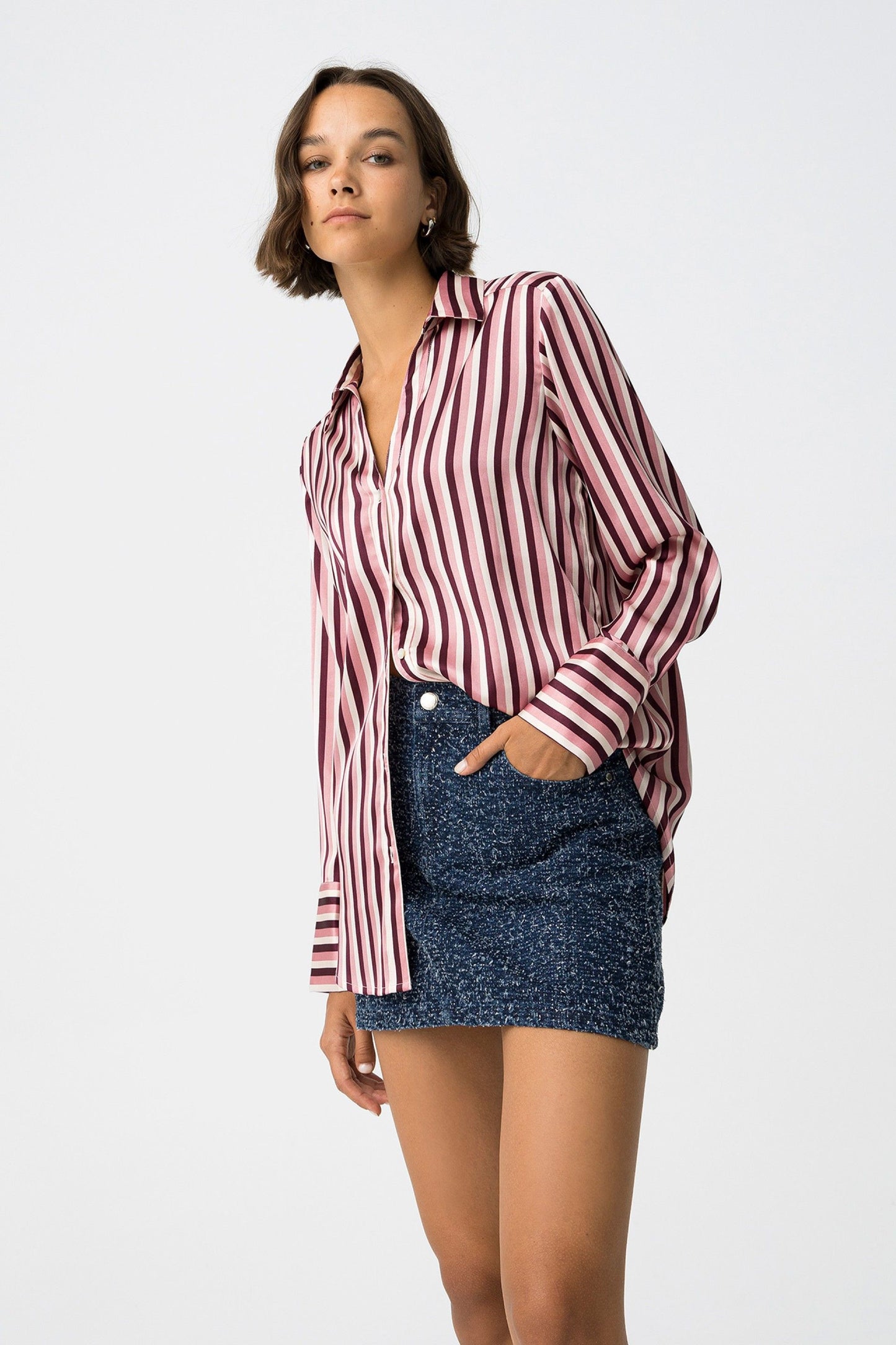 'Capricho' Pinstripe Satin Shirt - Burgundy Stripe