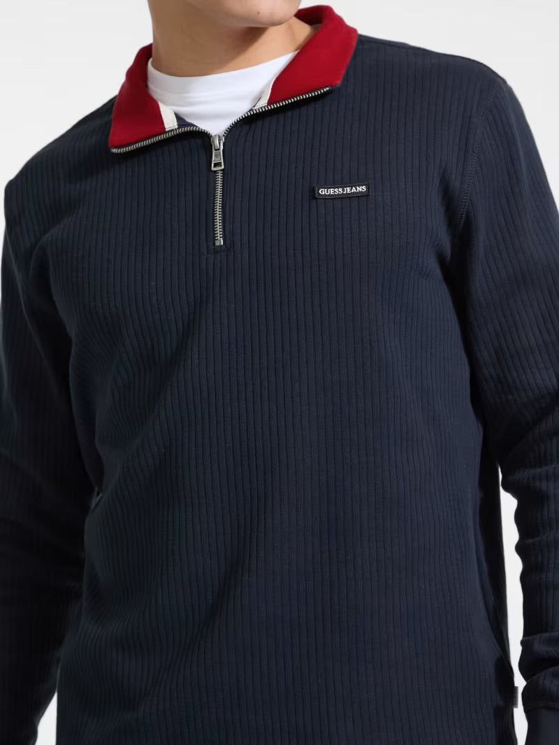 Ribbed Zip Pullover - Navy