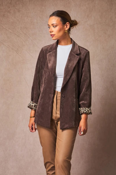 Corduroy Leopard Lined Blazer - Chocolate Brown