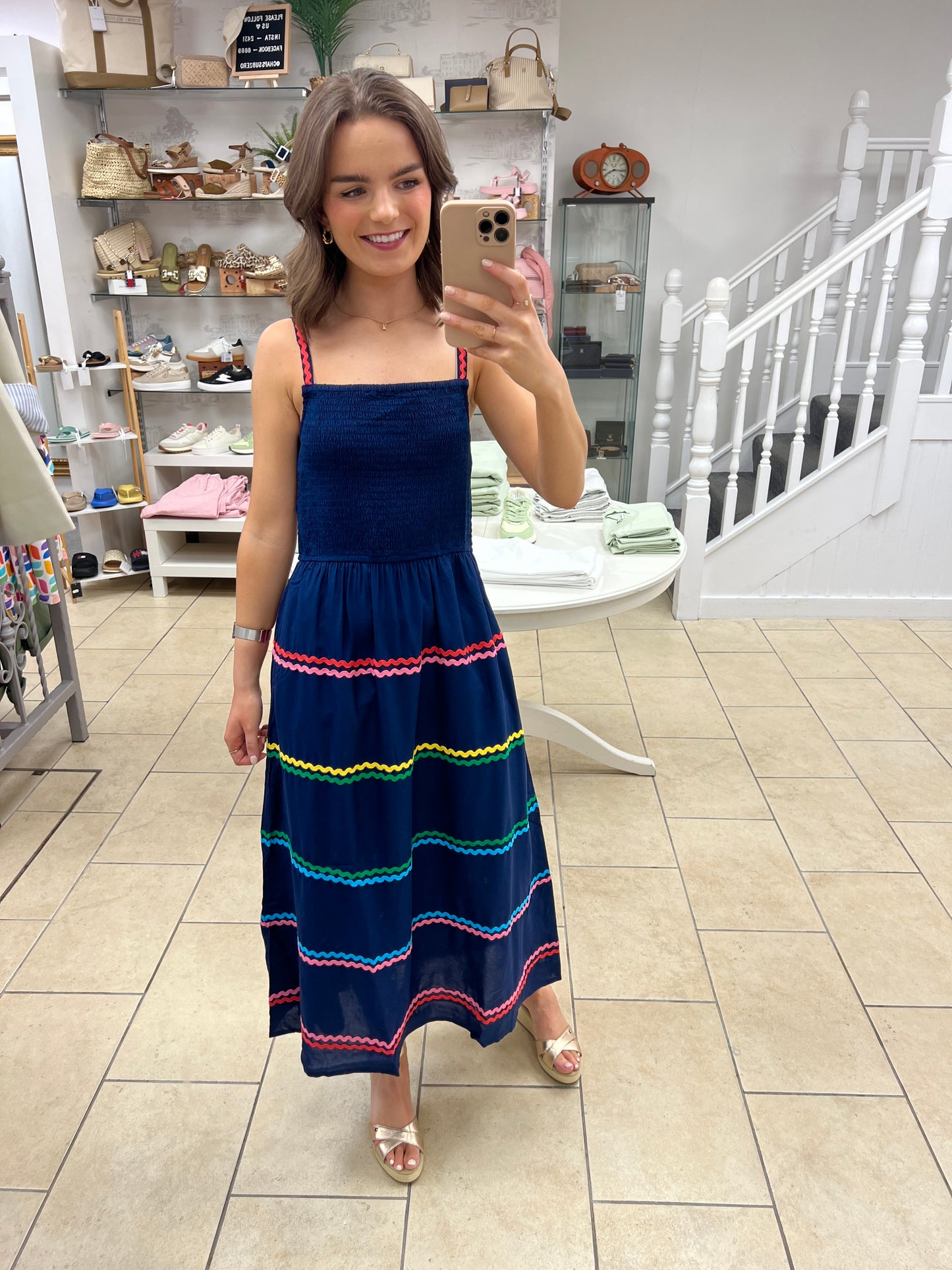 Penrose Shirred Sundress - Navy, Rainbow Ric Rac