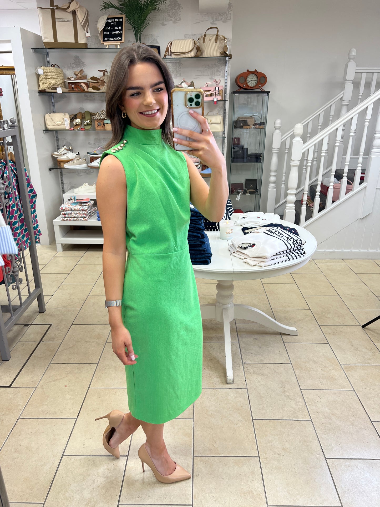EsQualo - Pleated Shoulder Midi Dress - Lime