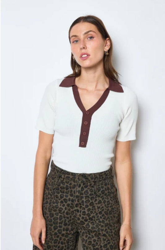 Anna V-Neck Top - Chocolate/White