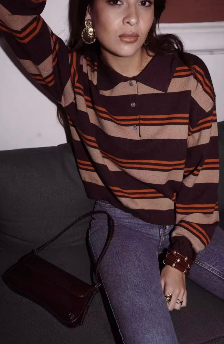 Niamh Knit Rugby Polo - Camel Stripe