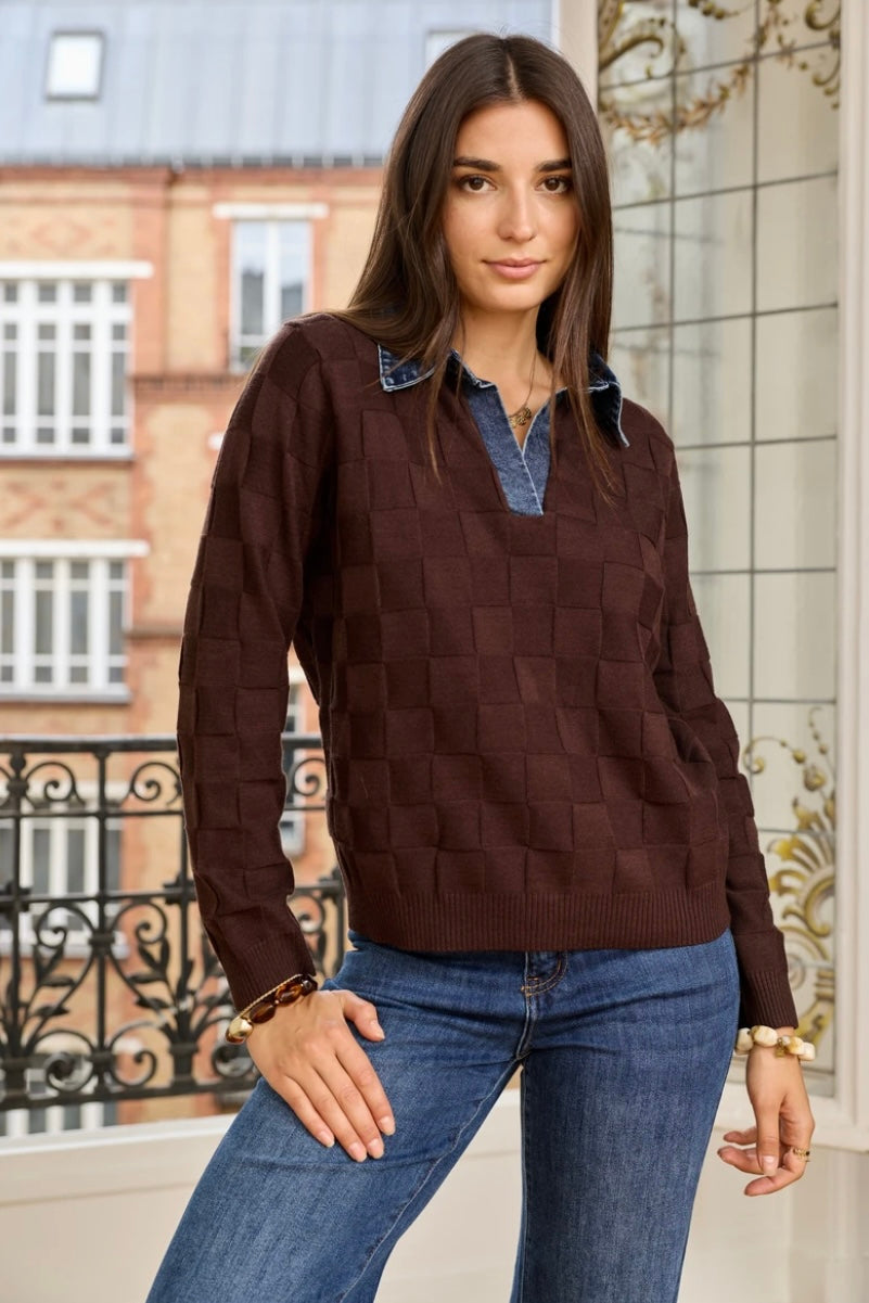 Sophia Denim Collar Sweater - Chocolate