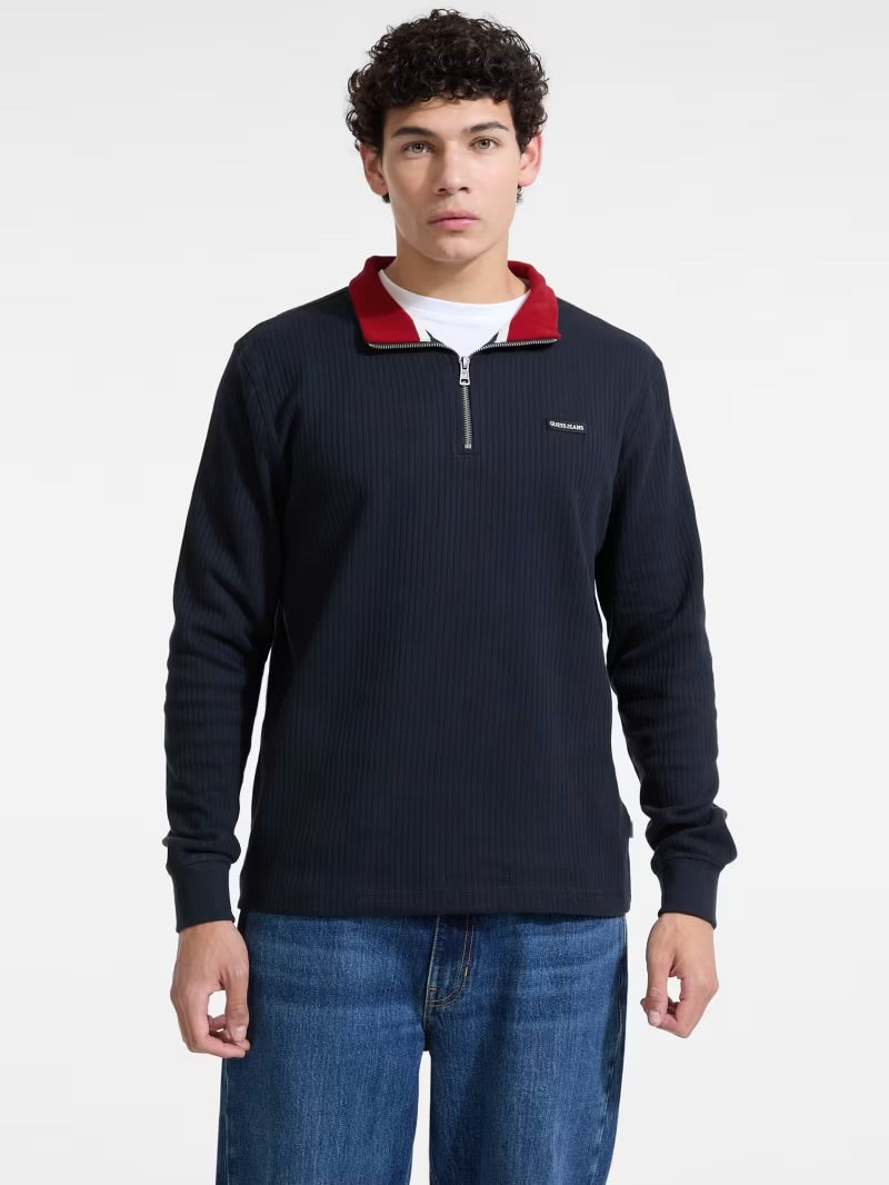 Ribbed Zip Pullover - Navy