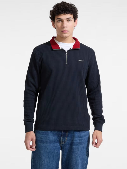 Ribbed Zip Pullover - Navy