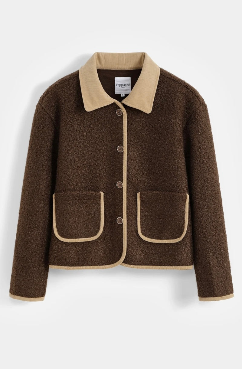 Layla Bouclé Jacket with Corduroy Collar - Chocolate