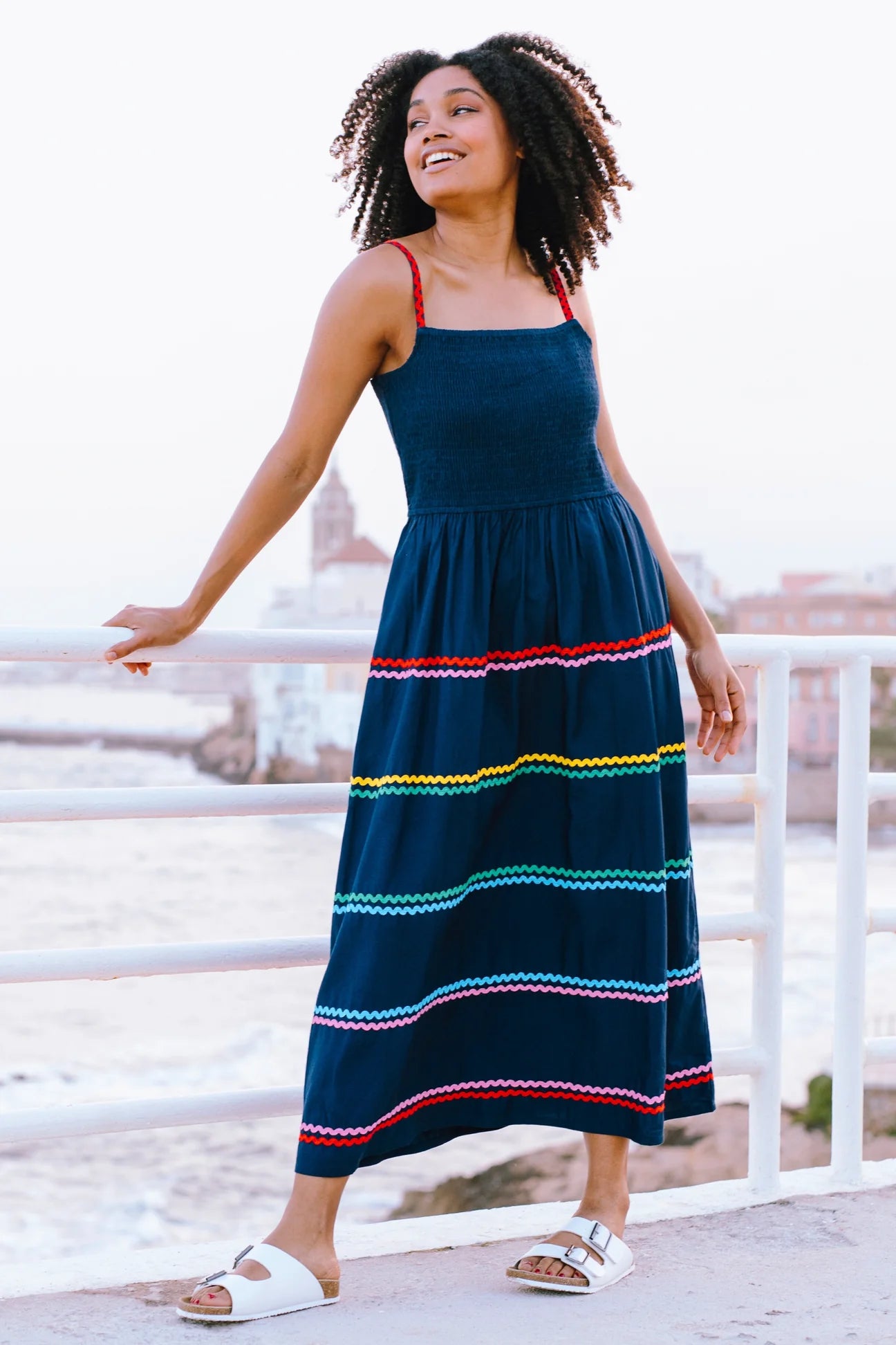 Penrose Shirred Sundress - Navy, Rainbow Ric Rac