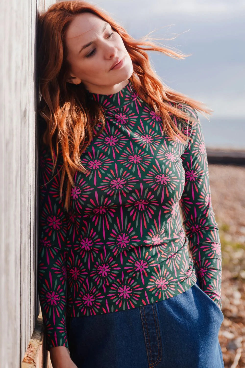 Annika Turtleneck Jersey Top - Green/Multi, Flower Explosion