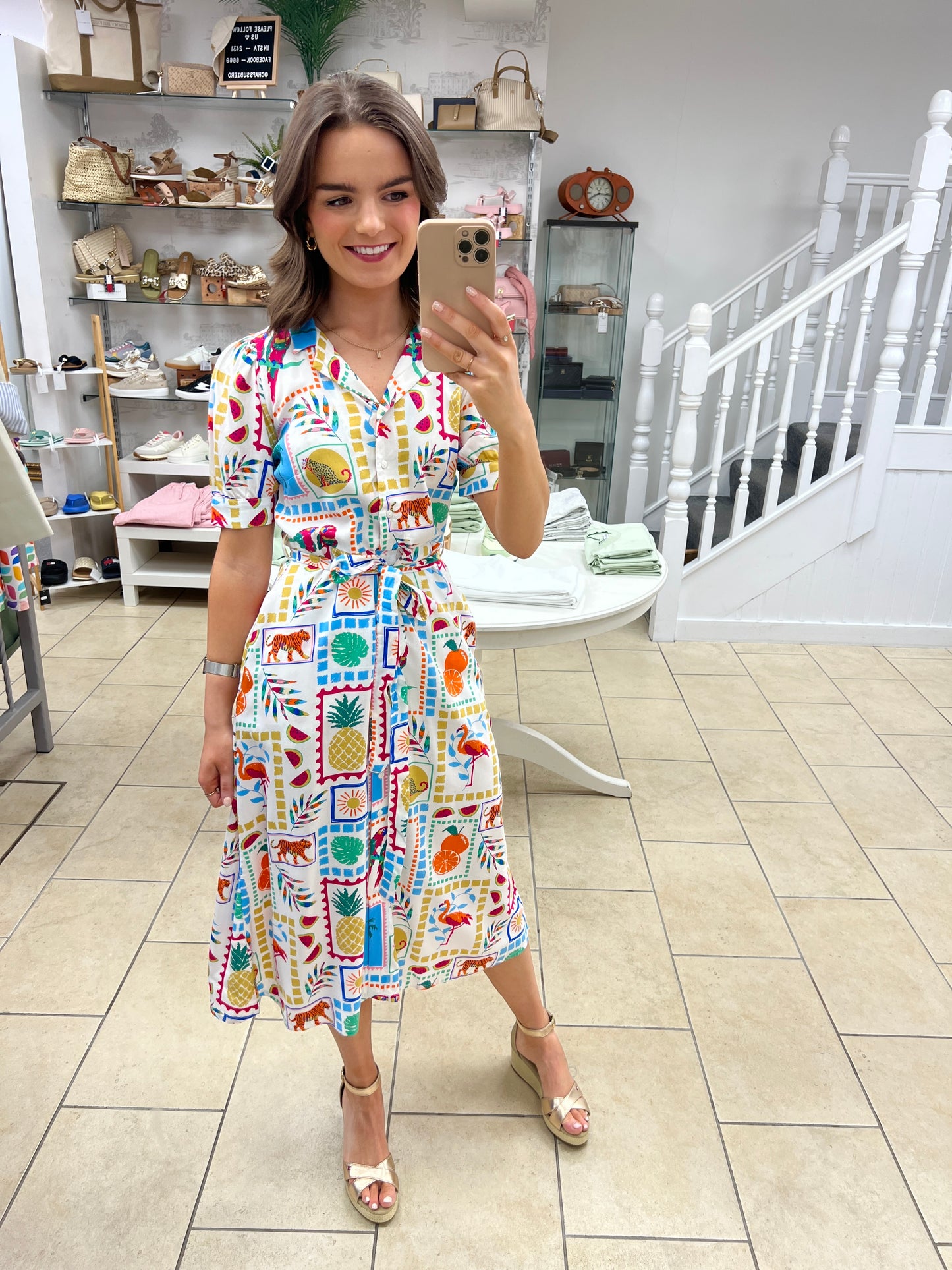 Penelope Midi Shirt Dress - Off-White, Jungle Tile