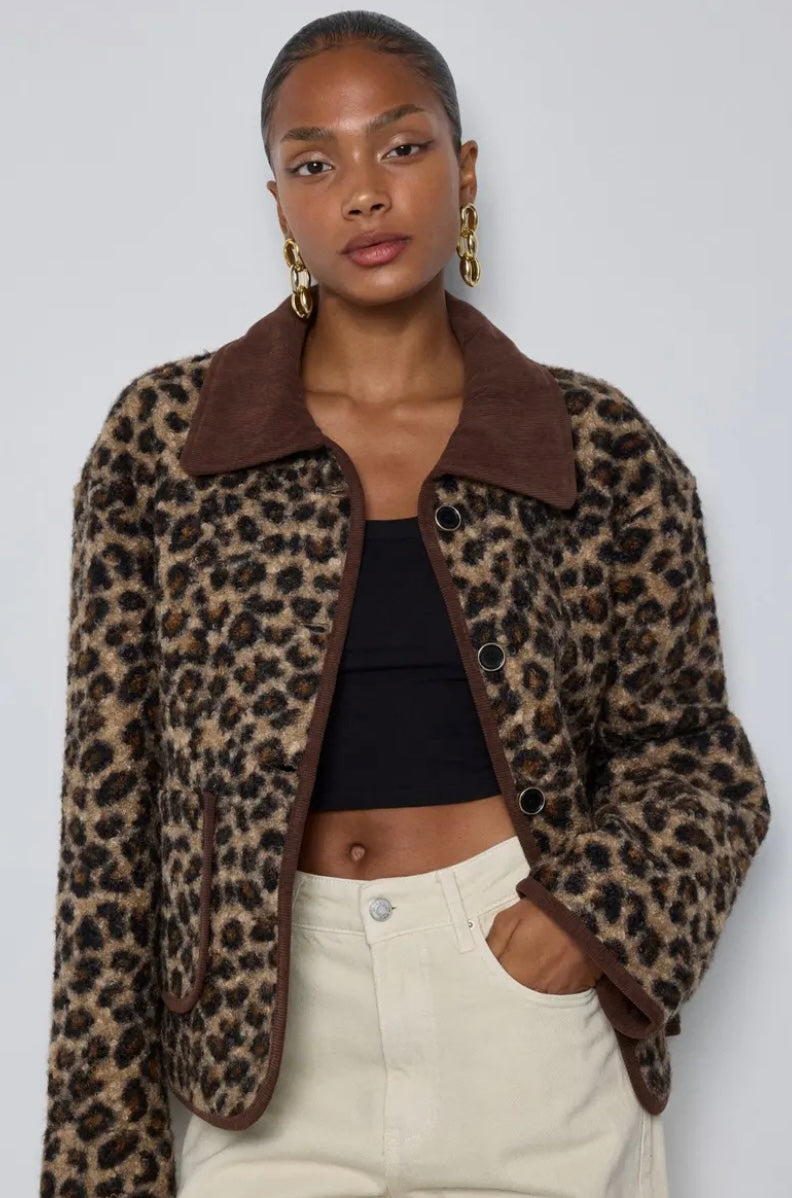 Mylee Fleece Jacket with Corduroy Collar - Leopard
