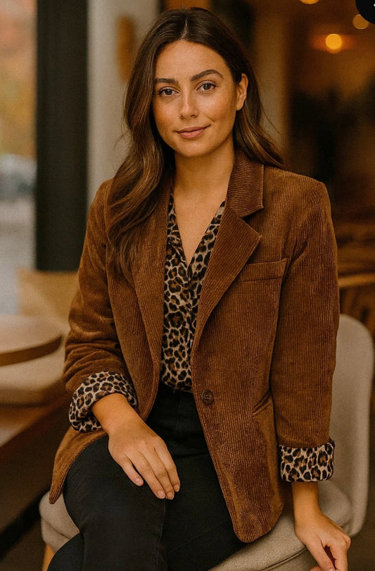 Corduroy Leopard Lined Blazer - Camel