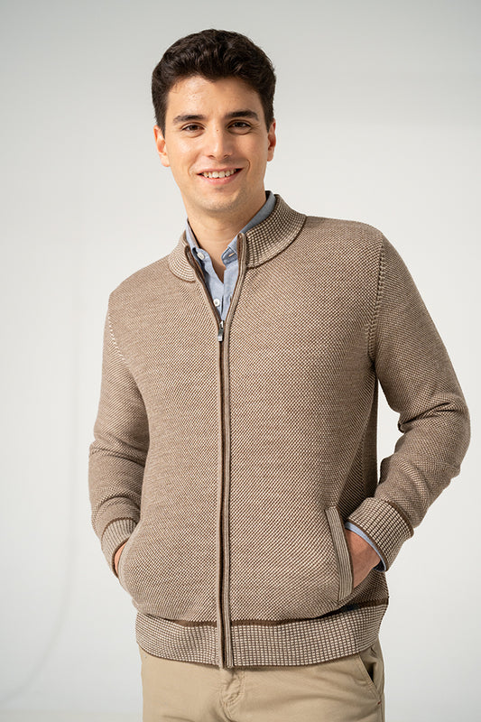 Knitted Full Zip Cardigan - Taupe/Brown