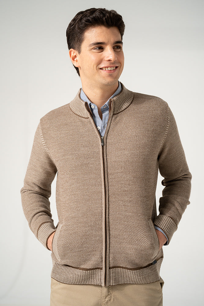 Knitted Full Zip Cardigan - Taupe/Brown