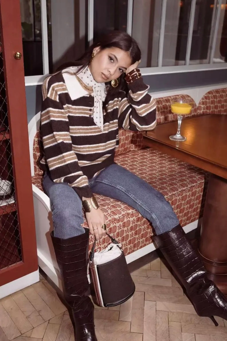 Niamh Knit Rugby Polo - Dark Maroon Stripe