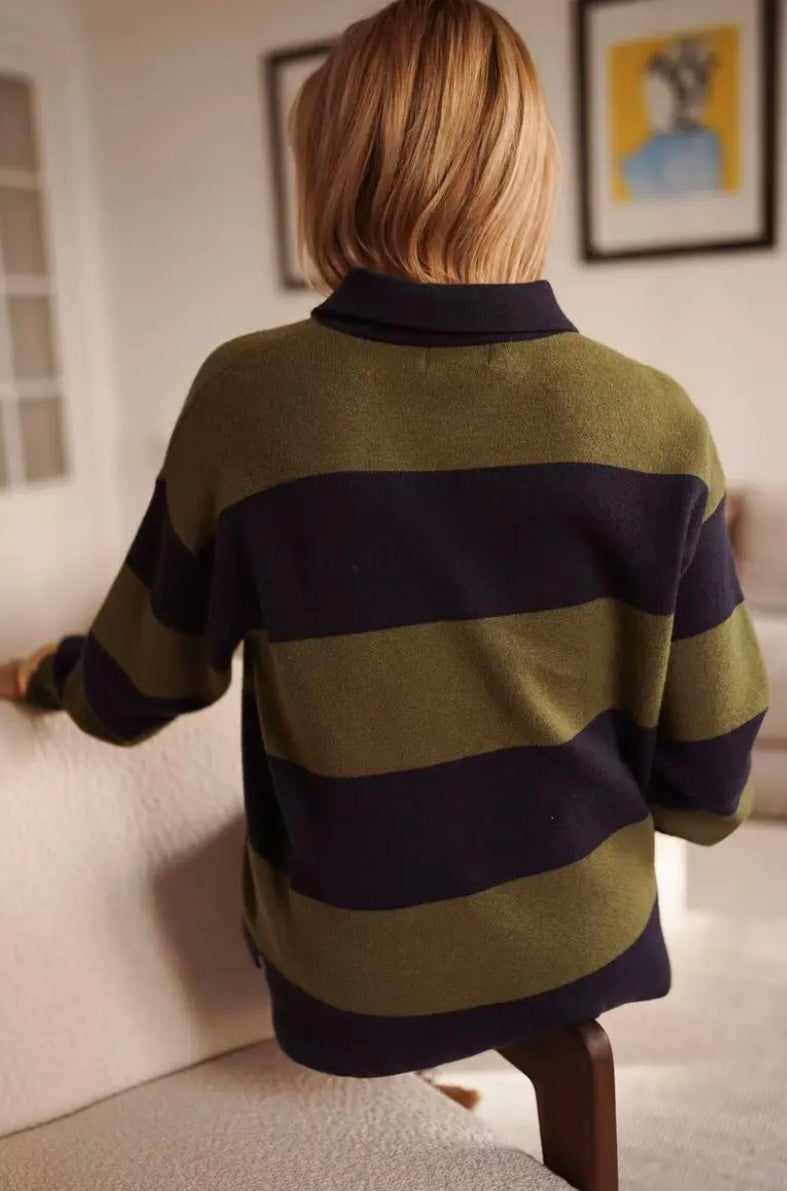 Lara Bold Stripe Rugby Sweater - Khaki/Navy