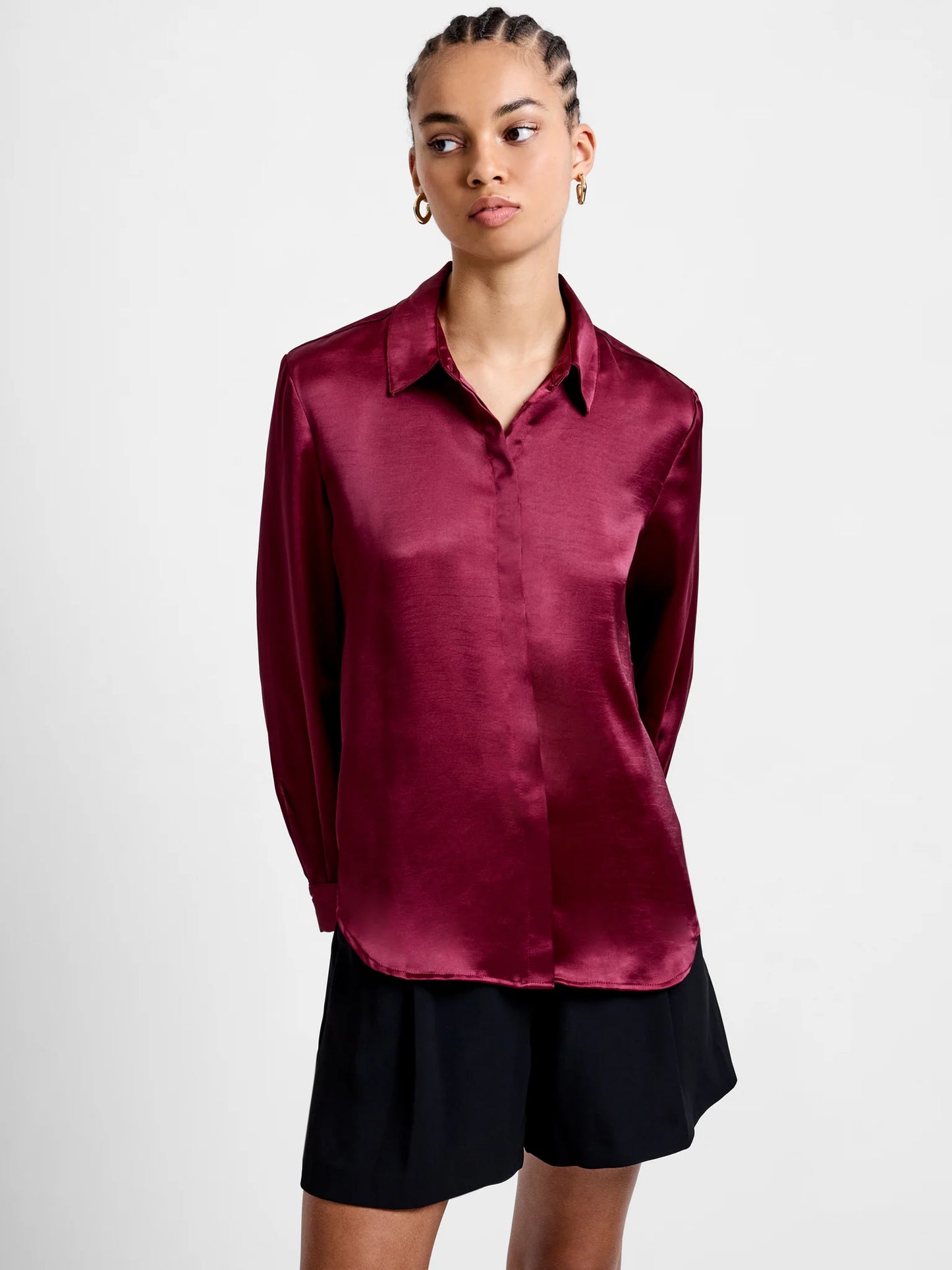 Irina Satin Long Sleeve Shirt - Bordeaux Red
