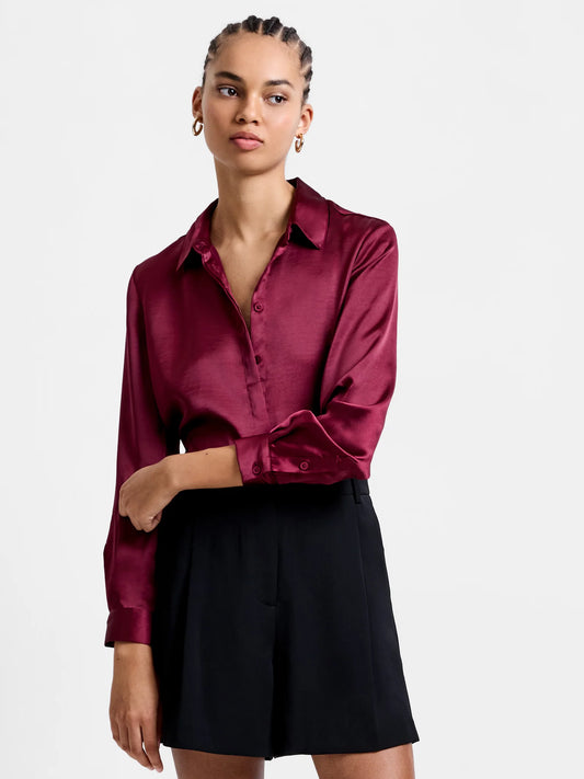 Irina Satin Long Sleeve Shirt - Bordeaux Red