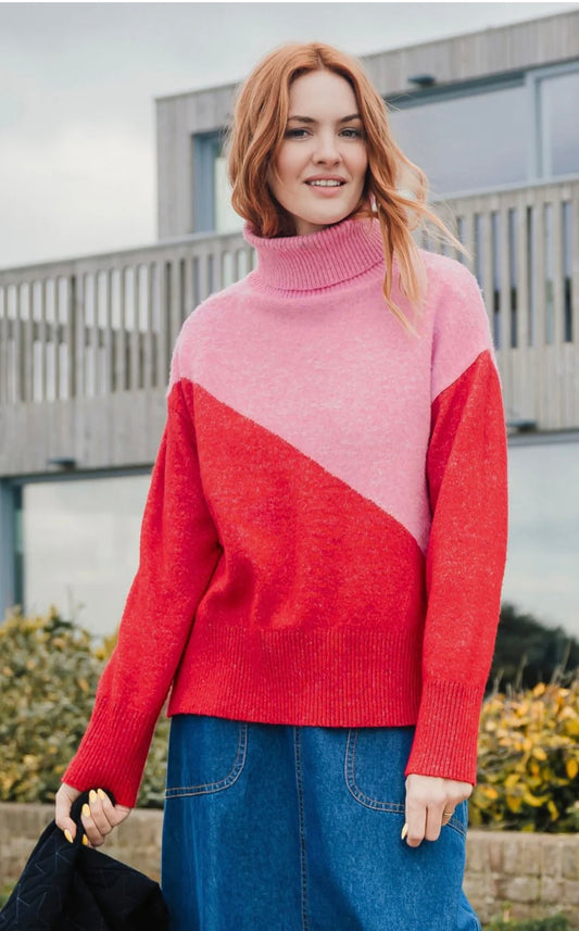 Winona Roll-Neck Jumper - Pink/Red, Colour Block