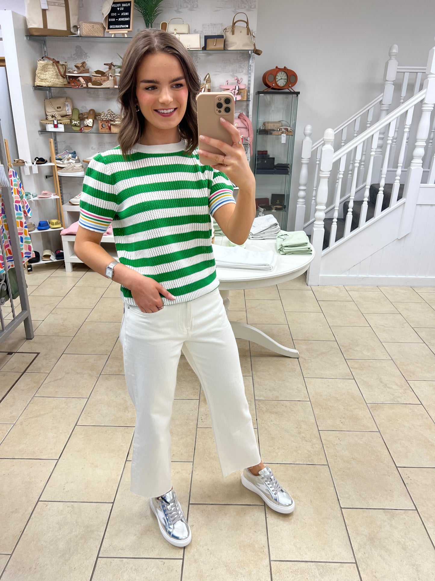Arden Knit Top - Green/Off-White, Rainbow Tipping