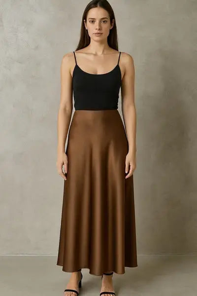 Heavy Satin Midi Skirt - Camel