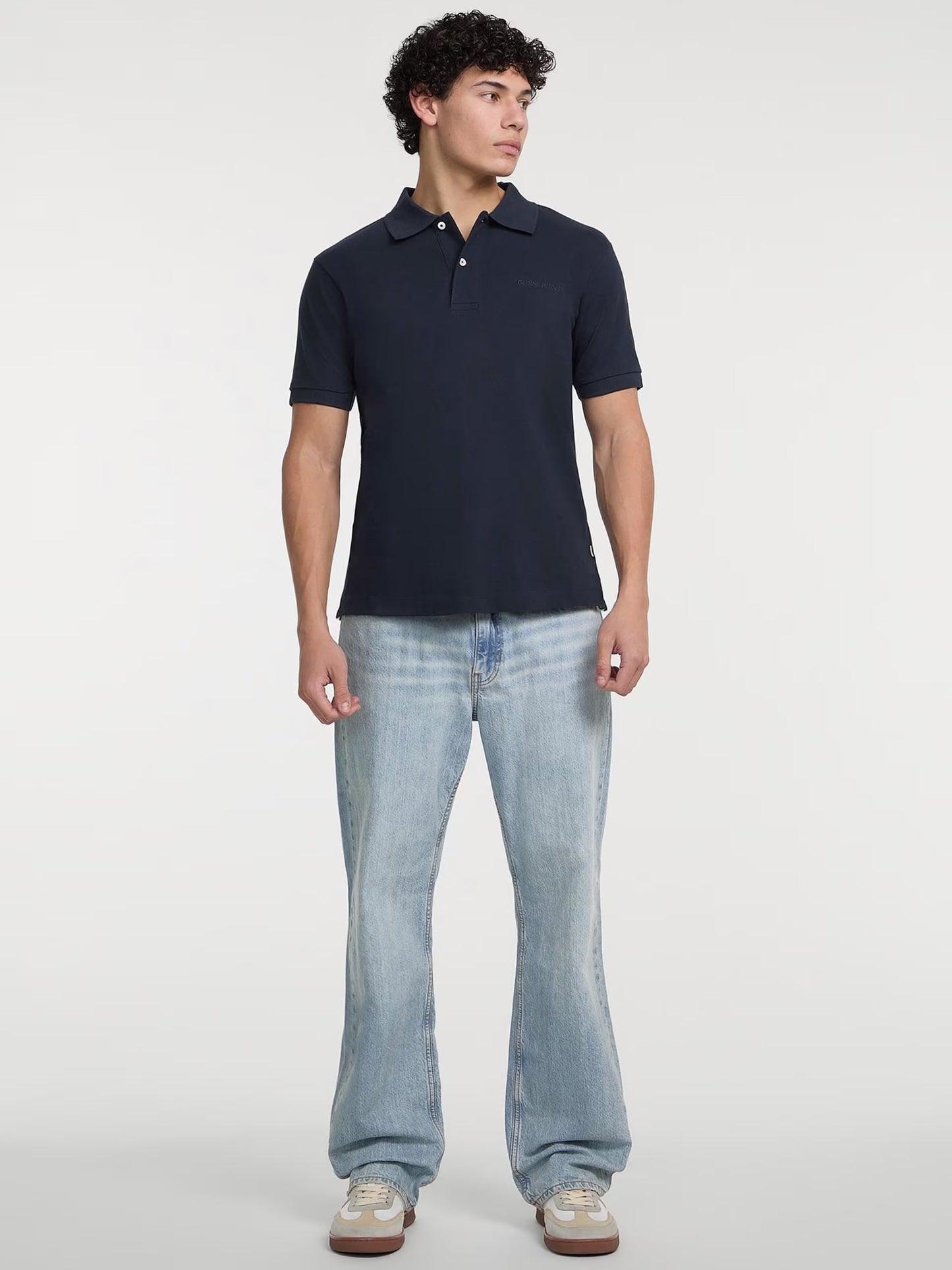Short Sleeve Embroidered Logo Knit Polo Shirt - Dark Blue