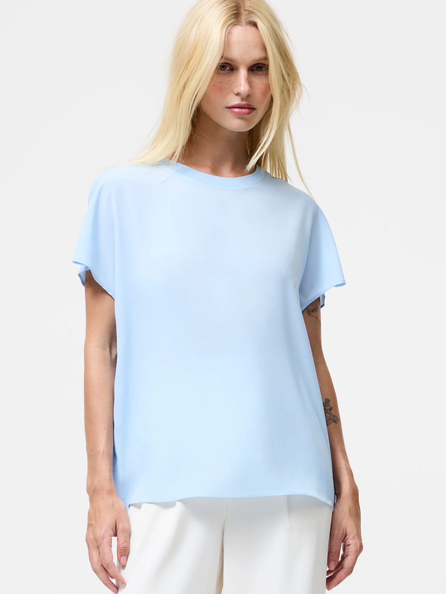 Crepe Light Crew Neck Top - Arctic Blue