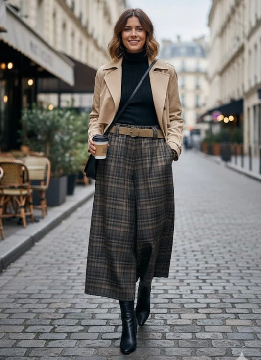 Wide Check Culottes with Suede Belt - Chocolate