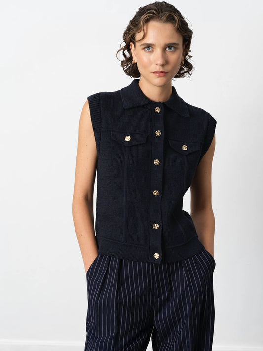 Roland Knit Collared Gilet - Indigo
