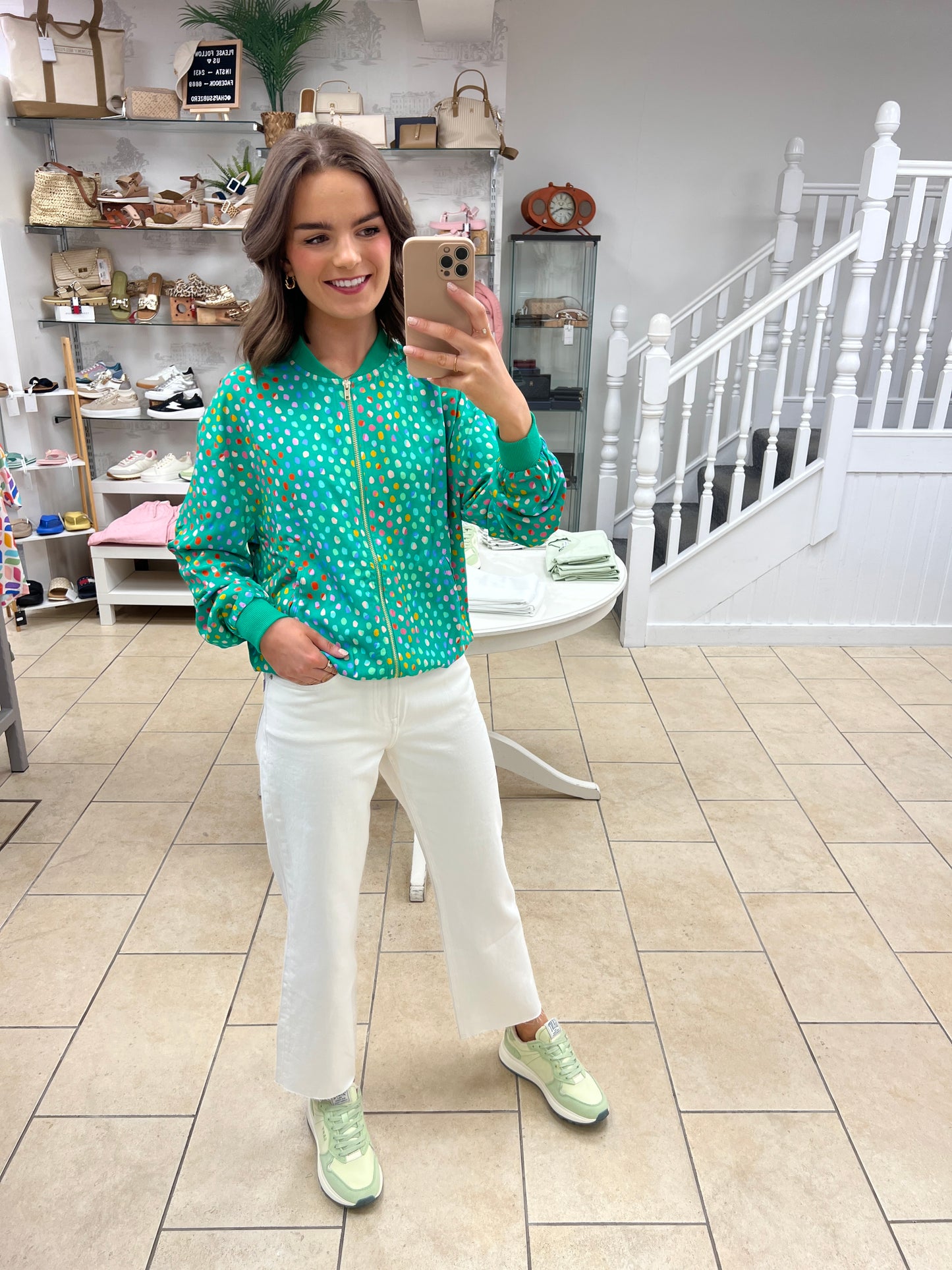 Bobbi Bomber Jacket - Green, Rainbow Pebbles