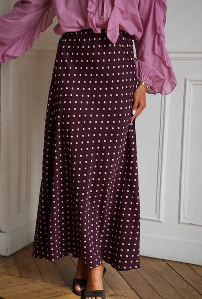 Elsie Satin Polka Dot Skirt - Burgundy