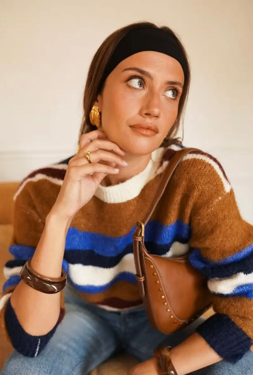 Sara Retro Fluffy Jumper - Camel/Blue
