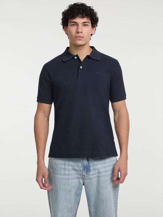 Short Sleeve Embroidered Logo Knit Polo Shirt - Dark Blue