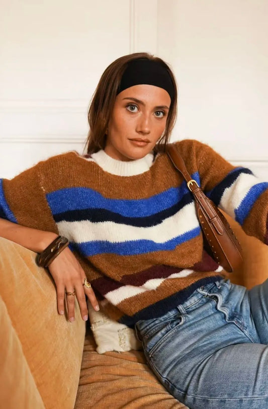 PREORDER Sara Retro Fluffy Jumper - Camel/Blue