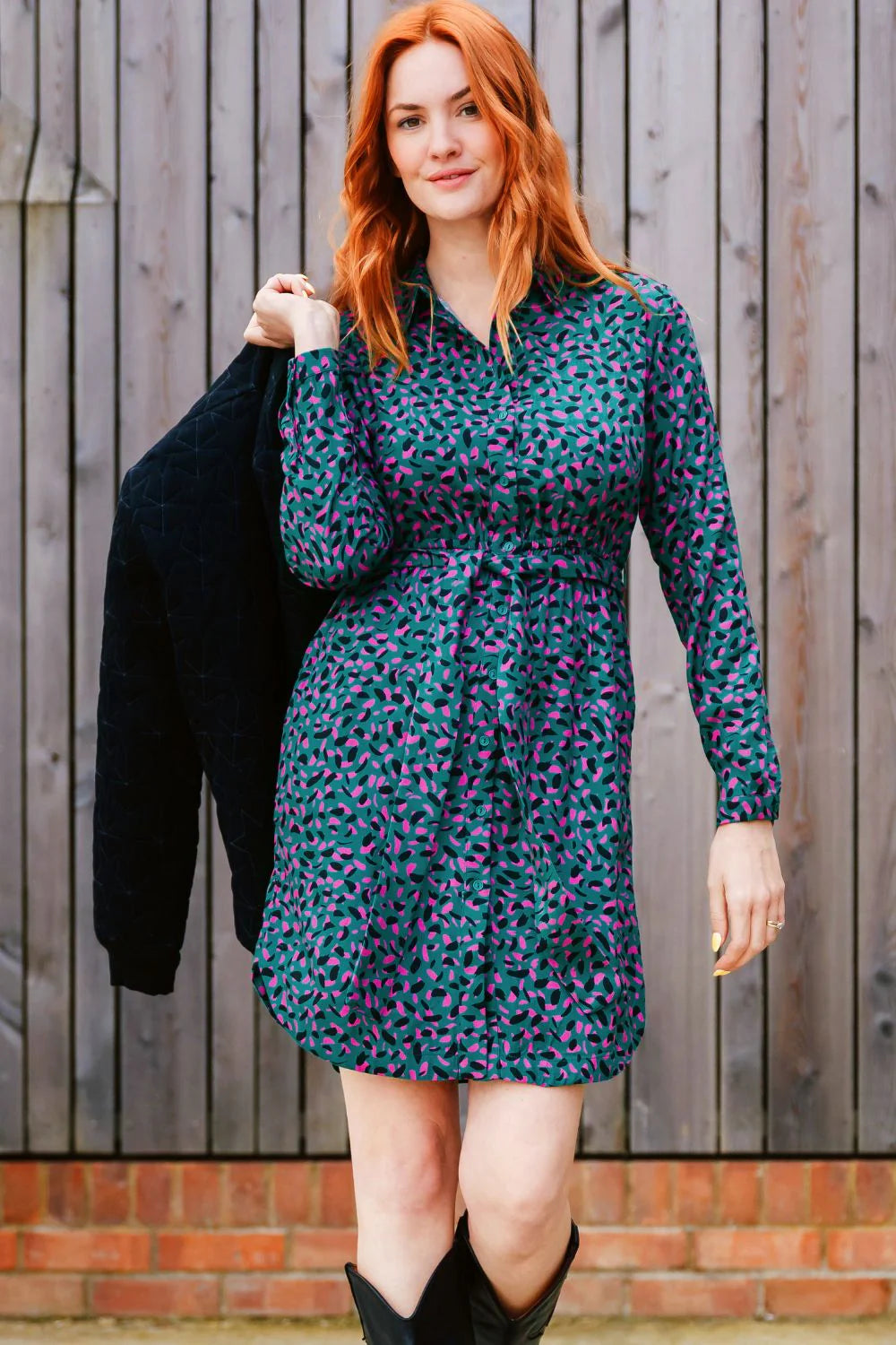 Georgia Mini Shirt Dress - Green, Layered Spot